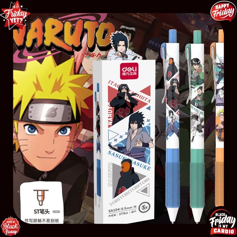 3Pcs Naruto Anime Press Pen Soft Rubber Soft Grip ST Tip Quick Dry Smooth Writing Black Ink Gel Pen Cool Anime Peripheral for