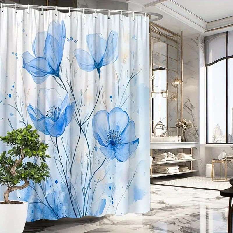 ~O~1pc Elegante tenda da doccia con fiori blu - Petali delicati, sfumato azzurro, design minimalista, poliestere, 8,8x70,8 pollici, 12 Ho