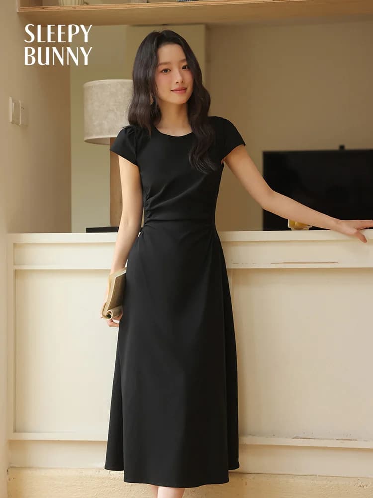 Elegant Black Pleated Slim Fit round Neck Dress Women's Summer Long Dress Sleepy Rabbit Brand Gelling Fiber A-Line Skirt