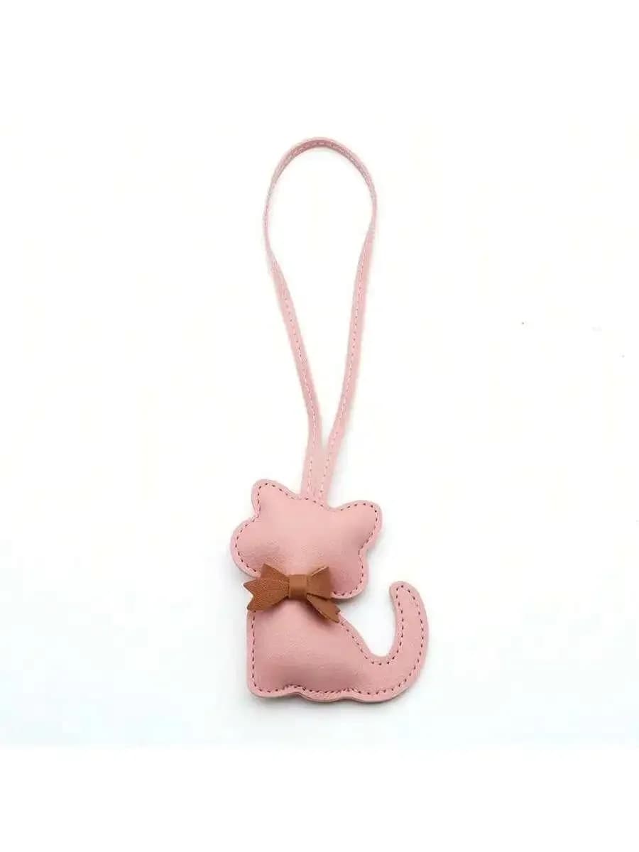 Pink Cat Shape Leather Keychain With Bow For Handbags Planners