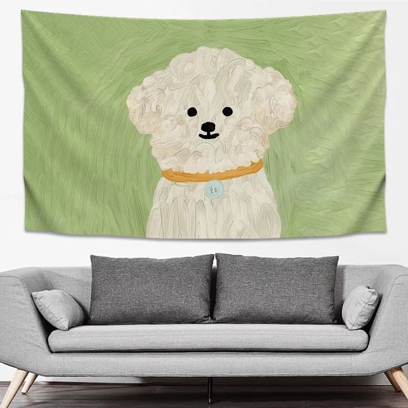 VIKAMA Cute Dog Tapestry Oil Painting Style Aesthetic Wall Hanging Bedroom Living Room Children's Room Boho Wall Decor