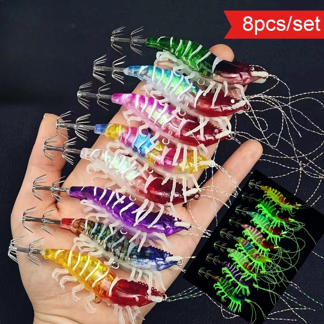 Set di 8 esche artificiali orizzontali Egi da 8 cm, luminose, per la pesca di calamari, gamberi, gamberetti, seppie e polpi in acqua salata, con effetto UV