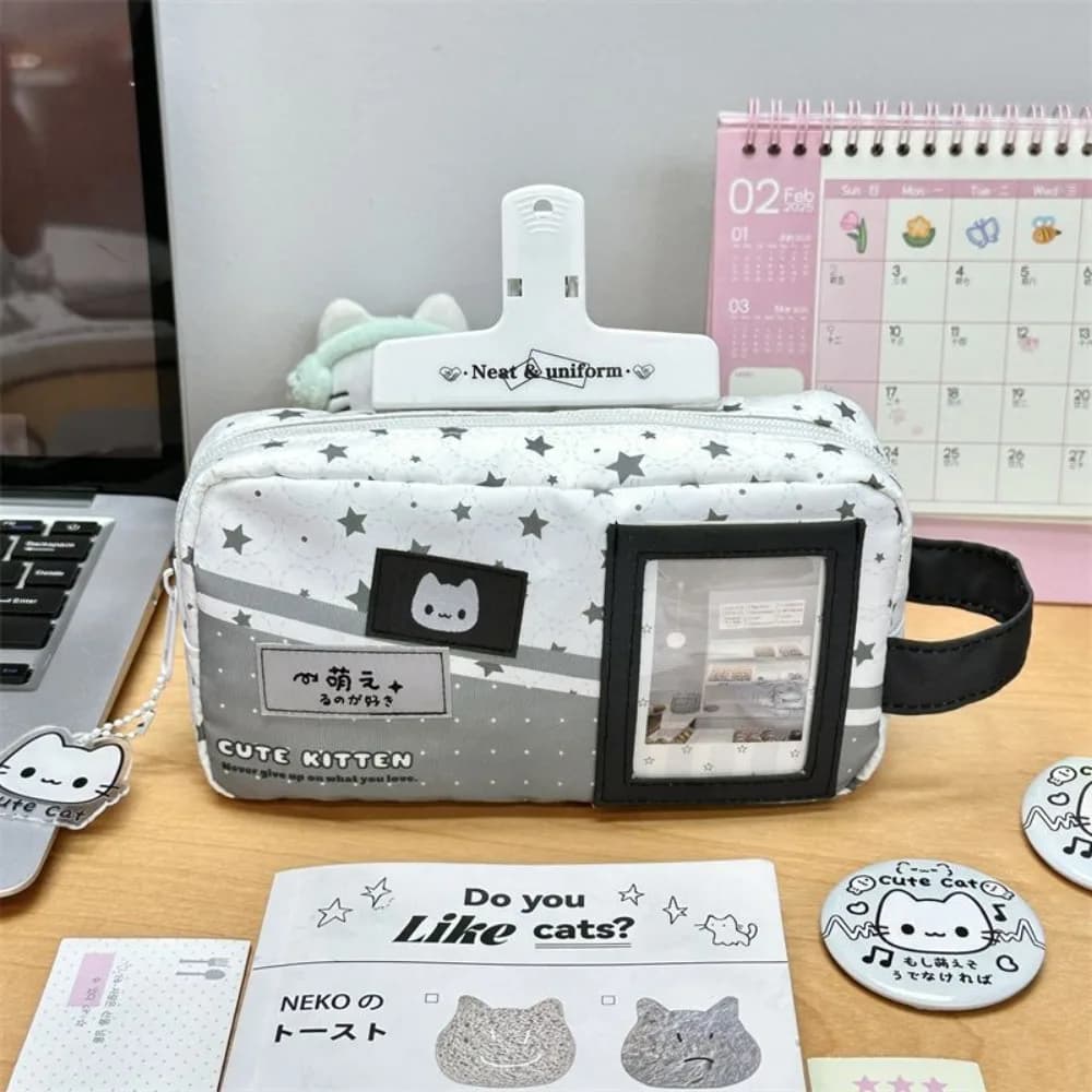 Multi-functional Cat Shape Pencil Case Large Capacity Portable Pen Bag with Photo Window Stationery Organizer Gift