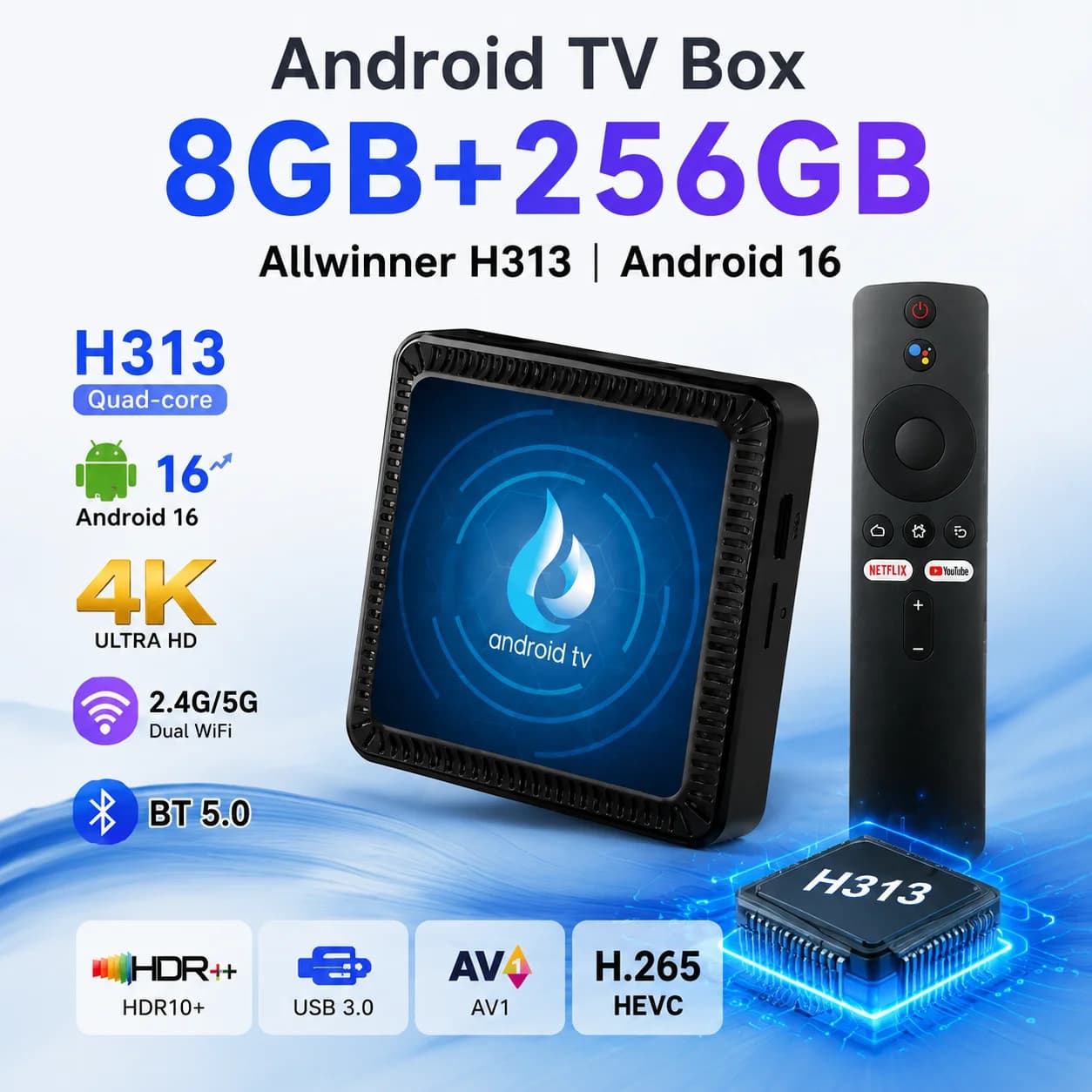 Android 16 TV Box Allwiner H313 Quad Core 4GB RAM 64GB ROM Dual WiFi BT5.0 8K Ultra HD AV1 Media Player Smart TV Box Set Top Box