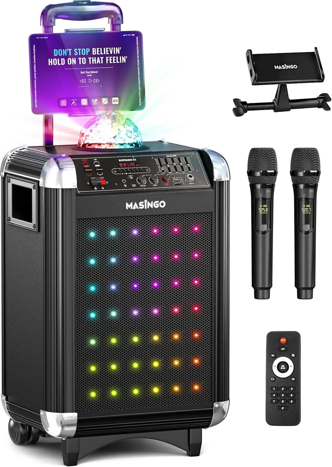 Macchina per Karaoke con 2 Microfoni Wireless, Altoparlante PA Portatile con Luci Disco, Bluetooth, 40W, Ruote, Batteria da 8 Ore