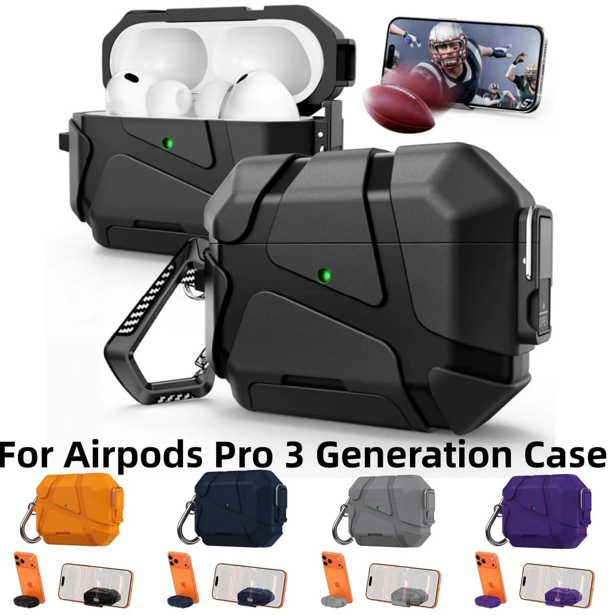 Custodia protettiva antiurto con chiusura di sicurezza e supporto per telefono, design a armatura militare, per AirPods Pro 3.