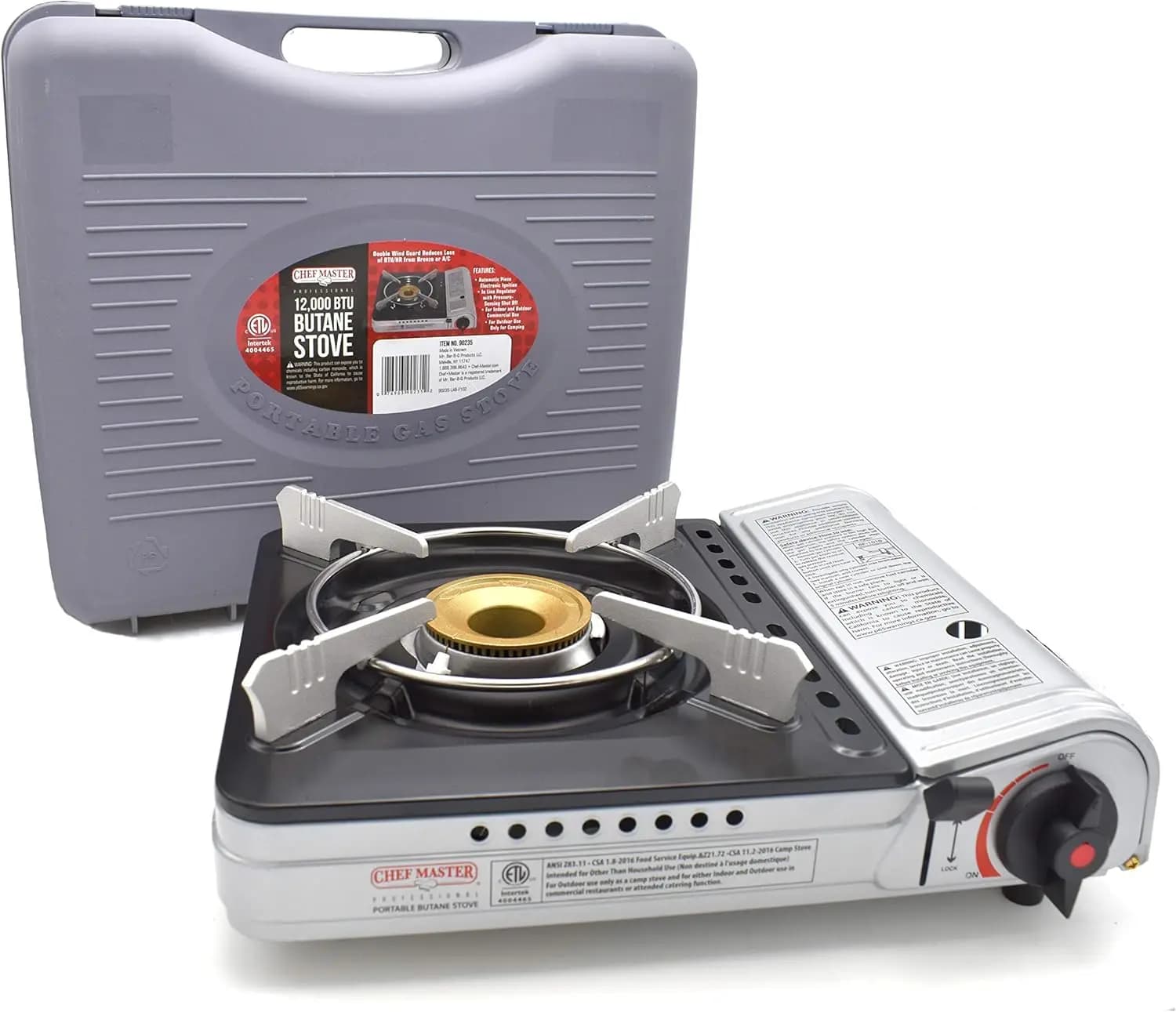Portable butane cooker with 12,000 BTU for camping and outdoor kitchen - Includes carrying case and electronic ignition