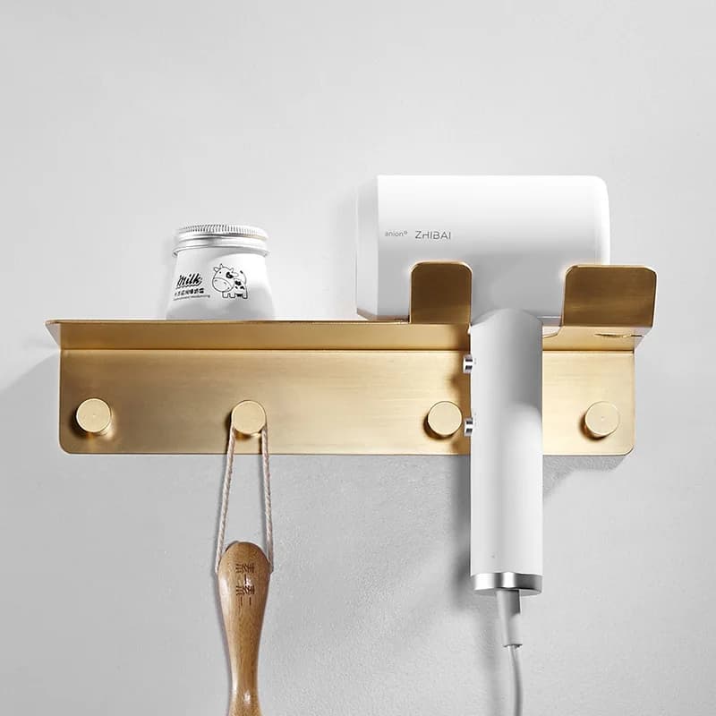 Brushed Golden Brass Bathroom Hairdryer Door Hair dryer for the house Wall Bathroom shelf Bathroom accessories