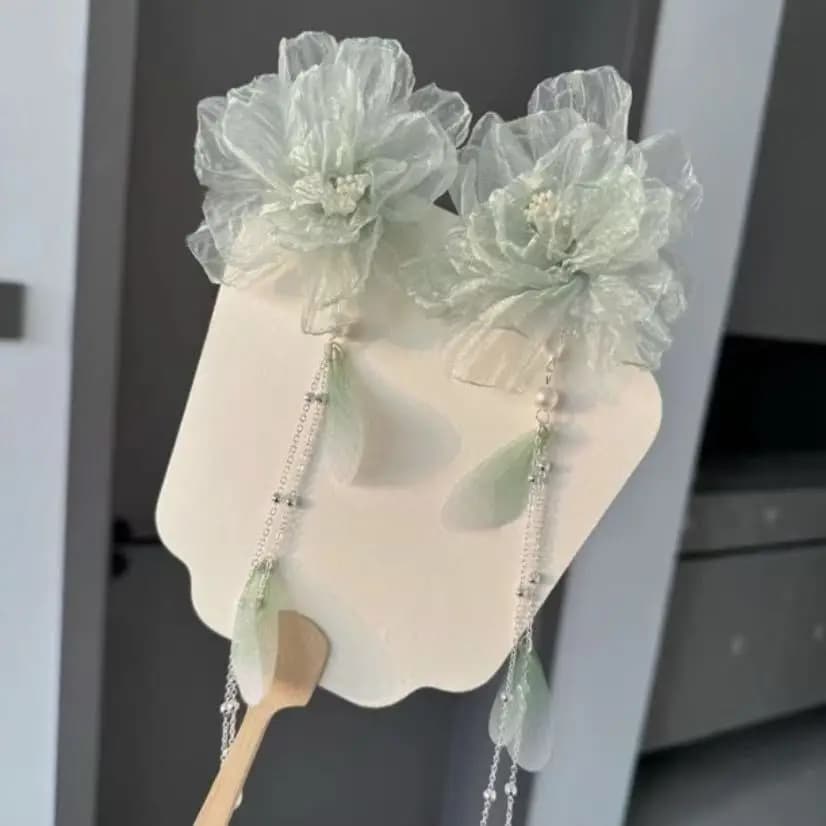 Copricapo Hanfu per ragazze per bambini Temperamento Maglia Verde Viola Fiore Lungo Nappa Fiore Fermagli per capelli Fermagli per capelli Donna