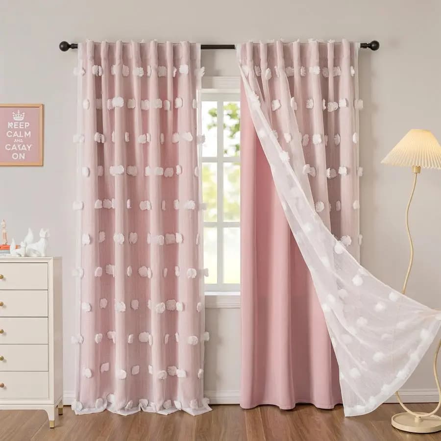Pink Curtains for Kids Room, Lunghe 84 Pollici, Kids Room Tents for Double Layer with White Pompon, for Living