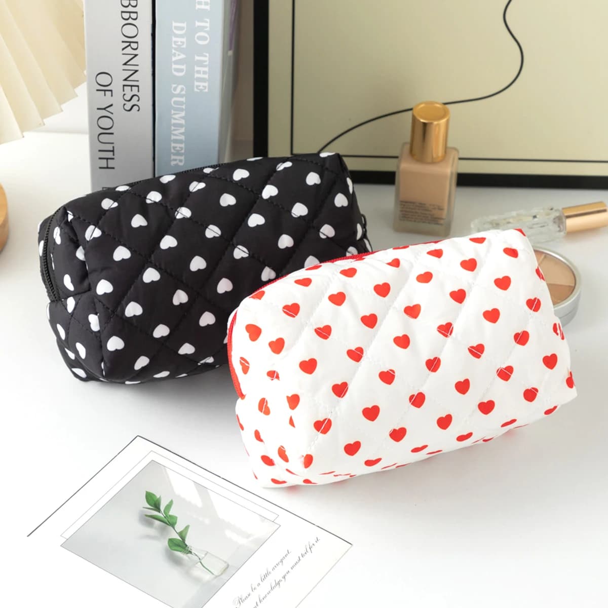 Borsa per Pennelli da Trucco con Motivo a Cuori, Pochette Cosmetica in Cotone con Coulisse per Donne, Organizer da Viaggio per Articoli da Toeletta, Regalo