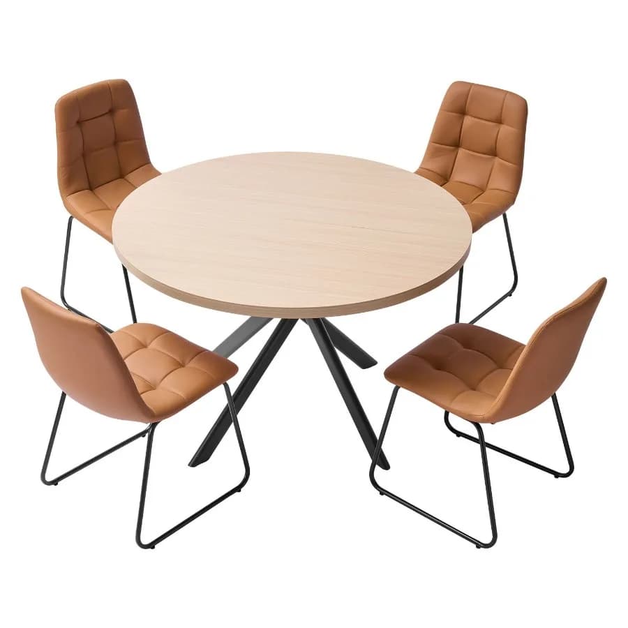 5-Piece Dining Table Set Space-Saving Round Kitchen Table with 4 Upholstered Orange Chairs PU Leather Cushions Modern Wood-Tone