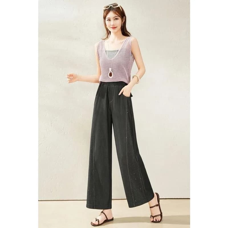 Women High Waist Glitter Thin Denim Loose Nine Point Wide Leg Casual Pants