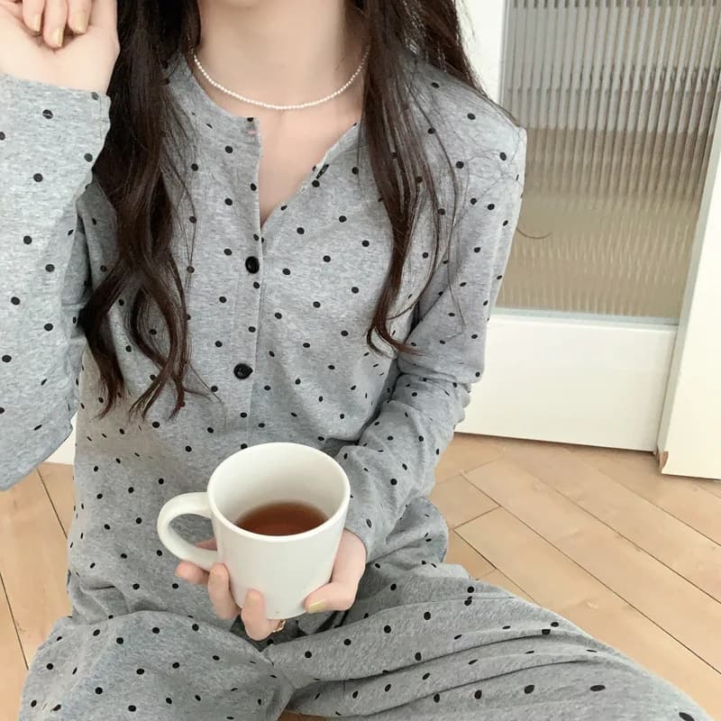 2024 autunno e inverno pigiameria stile coreano semplice Cardigan a pois Casual cotone casa indossare pantaloni a maniche lunghe Set indumenti da notte