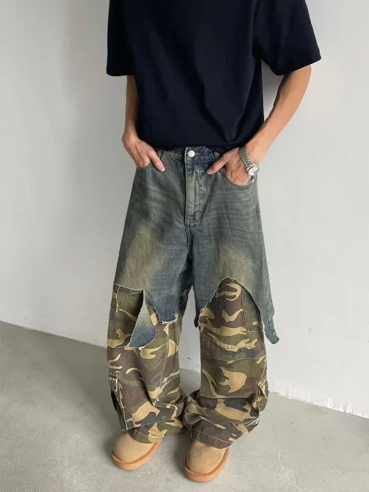 2025 Ropa Y2K Grunge Camouflage Patchwork Baggy Jeans impilati Pantaloni per uomo Abbigliamento New Rock Pantaloni in denim dritti a gamba larga
