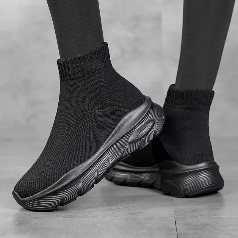 Women Shoes Classic High-top Sock Shoes Thick Sole Stretch Slip-On Casual Sneakers Breathable Mesh Outdoor Walking Shoes Black