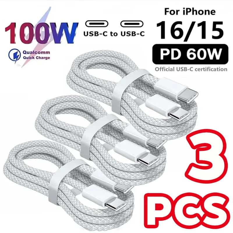 3PCS USB C Cable to USB C 100W Fast Charging Charger Cable Supports Fast Charging For iPhone 16 15 Samsung Xiaomi Huawei etc