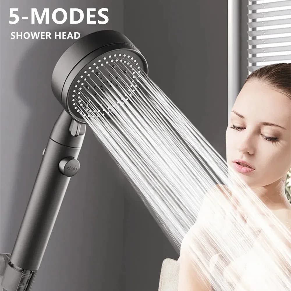 High Pressure Regulated Shower Head with 5 Modes, Water Saving, Single Button Throw - Shower Enclosure Accessories with Flexible Pipe