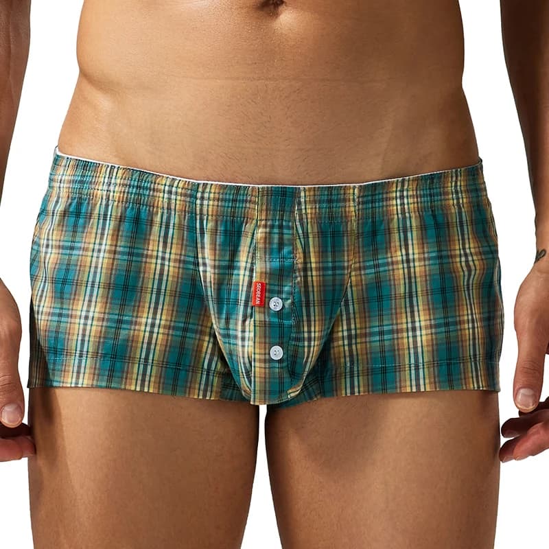 Intimo da uomo, boxer in puro cotone, pantaloni Aro, apertura con bottoni, motivo a quadretti, tasca slim a vita bassa