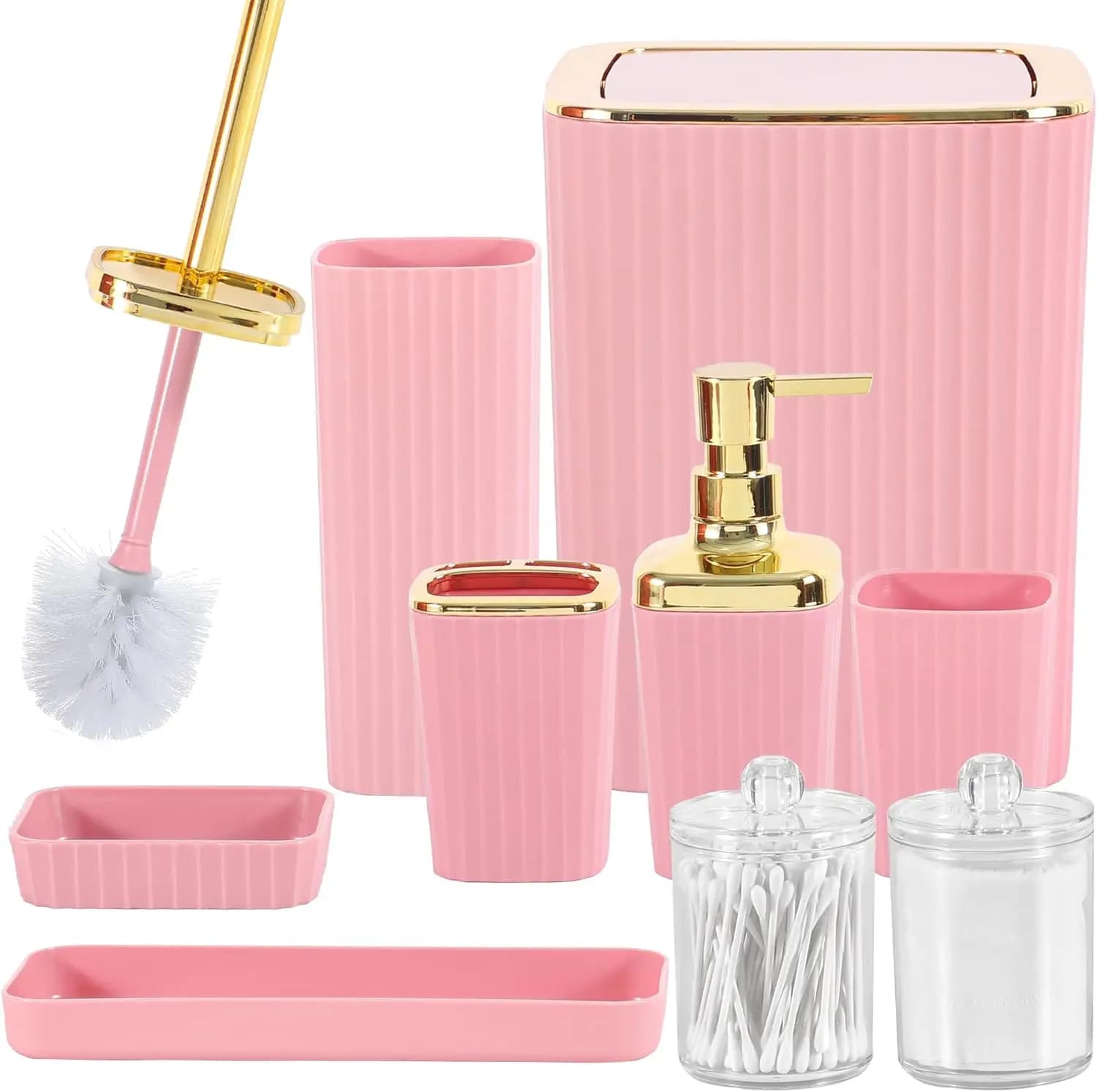 Set di 9 Accessori da Bagno Rosa con Cestino, Portaspazzolino, Dispenser Sapone, Vassoio Portaoggetti