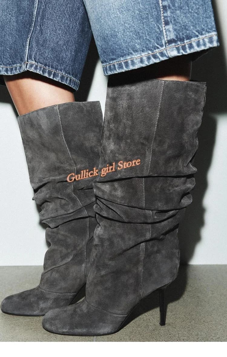 High Ginocchio Boots in Camoscio with Round Toe, Spilled Heel, Slip-On, Runway Collection 2026 Autumn Winter, Women's Elegant Shoes