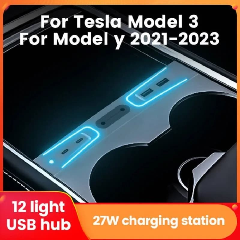 Hub USB per caricabatterie rapido da 27W per Tesla Model 3 Tesla Model Y 2021-2023 adattatore per auto per Docking Station intelligente con apertura con luce