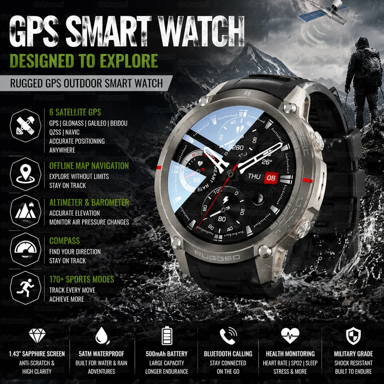 Orologio Smart GPS Tattico da Esterno con Mappa Offline, Bussola, Cardiofrequenzimetro, Fitness Tracker, Impermeabile 5ATM, per Sport e Avventura
