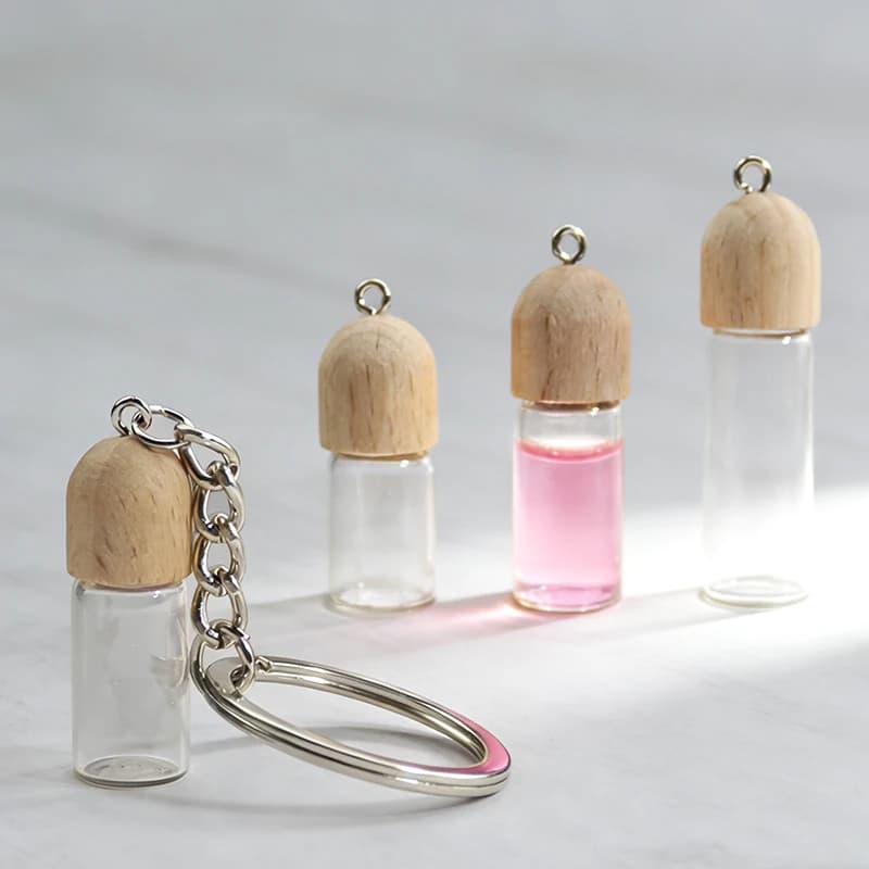 Set di 3 Flaconi Vuoti in Vetro Trasparente per Profumo con Tappo in Legno, Bottiglia Diffusore di Aromi, Ciondolo Fragranza