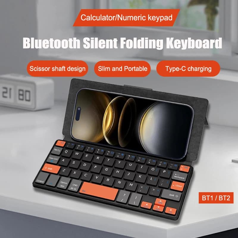 Portable Wireless Travel Keypad Foldable Business Numeric Keypad Rechargeable Bluetooth Touchpad Keyboard with Leather Stand