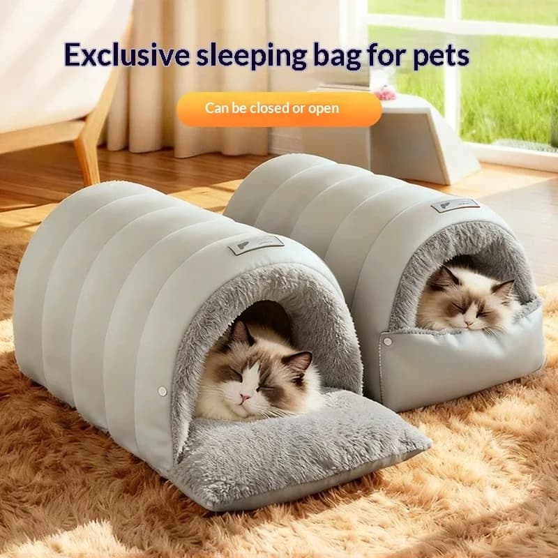 Semi-closed leather fur bag Washable Cat case Waterproof Winter Warm Cats Cave Fleece bed Non-slip removable mat