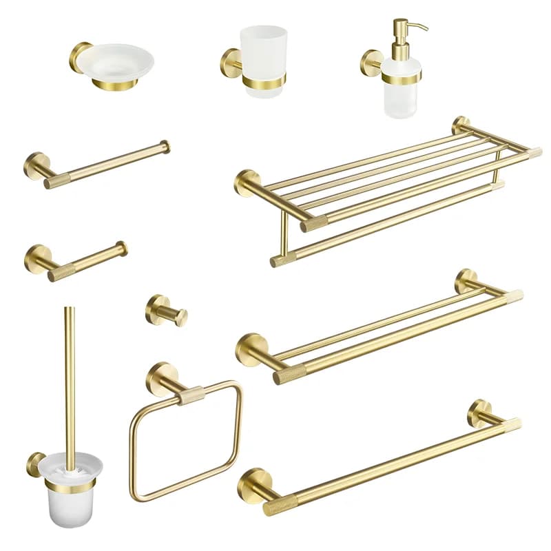 Set di accessori per il bagno con montaggio a parete zigrinato in ottone dorato spazzolato, portasciugamani, portarotolo di carta igienica, gancio per accappatoio