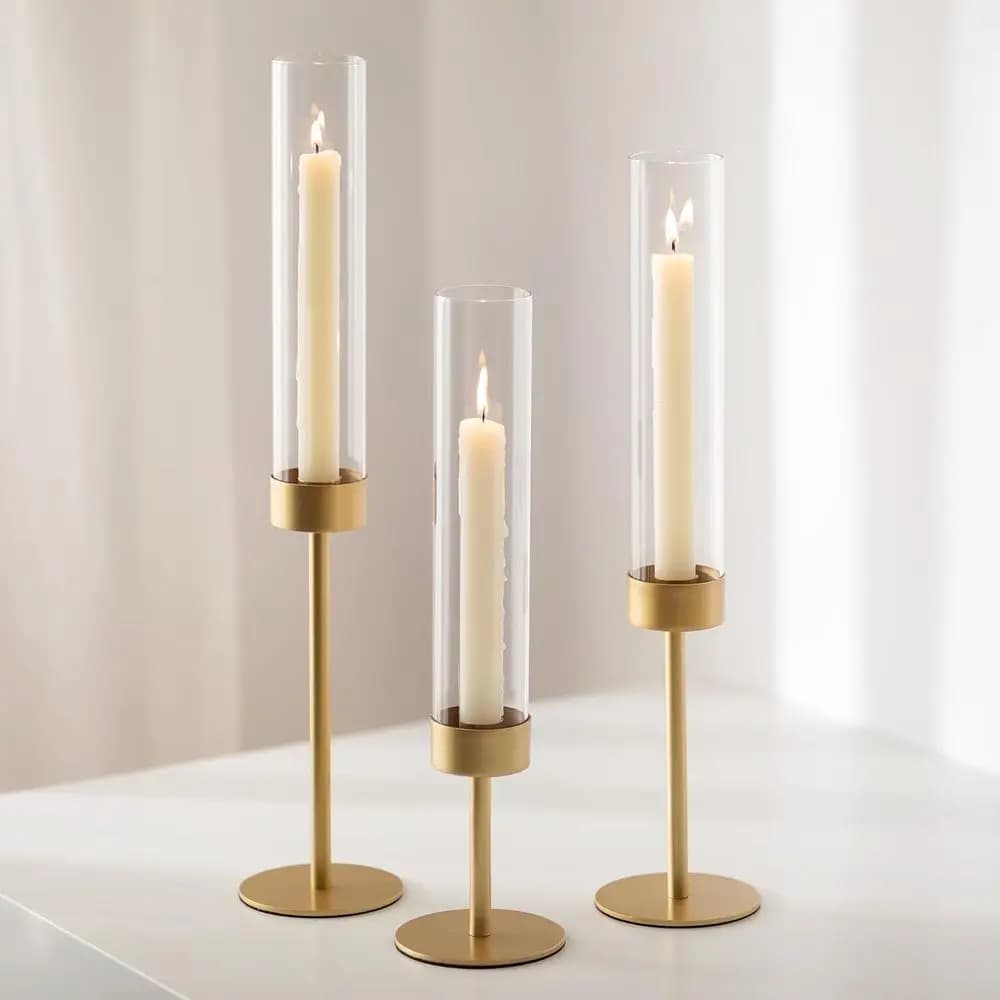 Portacandele in Vetro Dorato - Candelabri Alti in Vetro Trasparente a Cilindro per Centrotavola, Decorazioni per Matrimoni, Feste e Compleanni