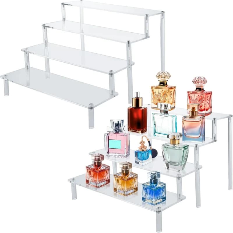 Large risers for acrylic displays, organizers for perfume displays, transparent acrylic shelves for food exhibitors, table use