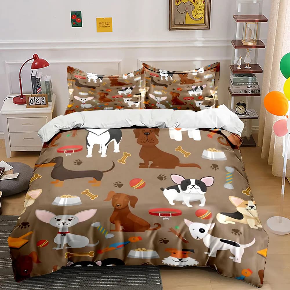 Set di 3 Pezzi per Cuccia del Cane, Copripiumino con Stampa Cartoon di Cuccioli + 2 Federe, Decorazione per Amanti degli Animali