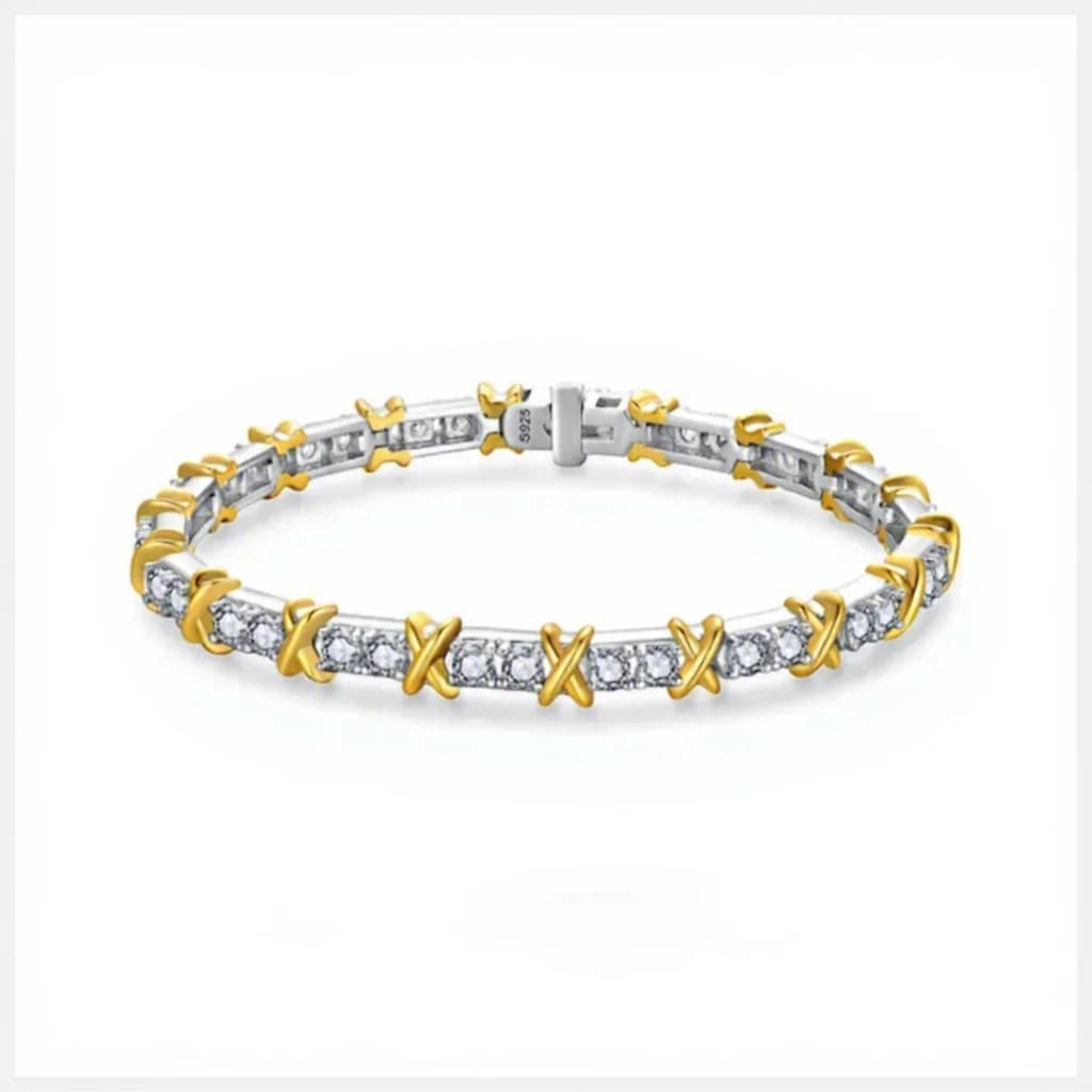 925 Sterling Silver 18K Gold Plated Tennis Bracelet with 3mm Moissanite X-Shaped Link Bangle for Women Wedding Fine Jewelry Gift