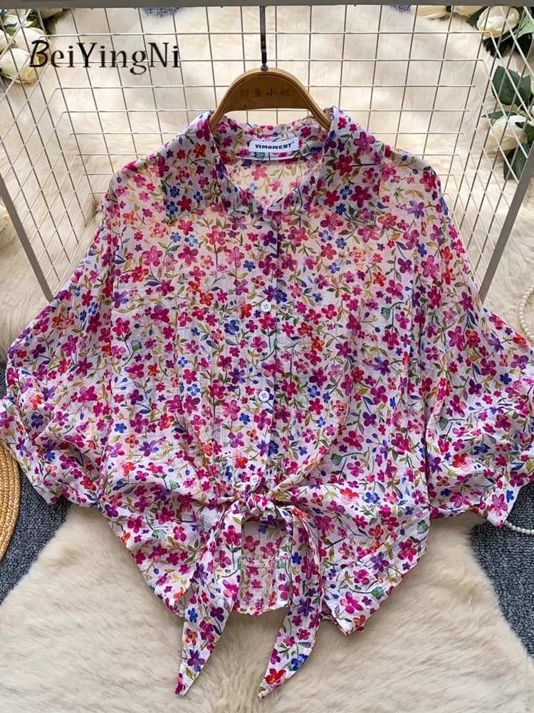 Beiyingni Kpop Lantern Sleeve Shirt Women Floral Printed Casual Bandage Stylish Tops Ladies Summer Soft Vacation Seaside Blusas