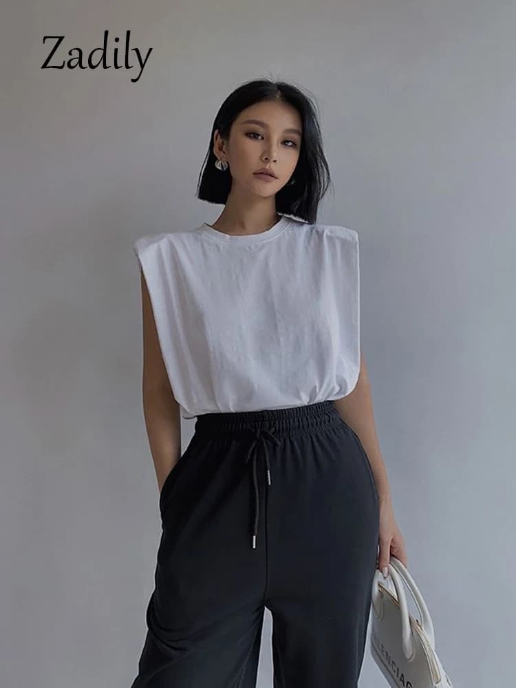 100% cotone bianco T-Shirt manica minimalista spalla Pad allentato O collo top abbigliamento Casual femminile