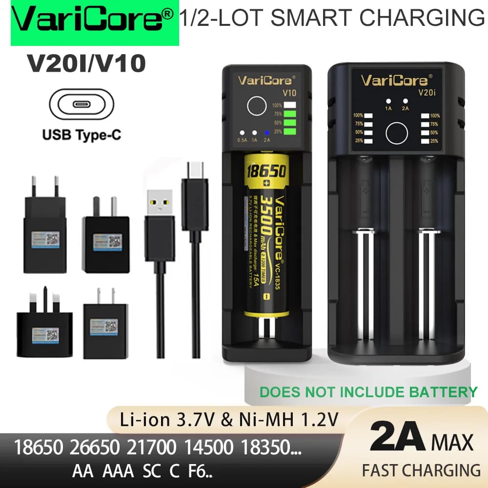 VariCore V20i V10 Caricabatteria intelligente da 1/2 slot per 3,7 V Li-ion 18650 21700 26650 18350 18500 16340 1,2 V Ni-MH AA AAA