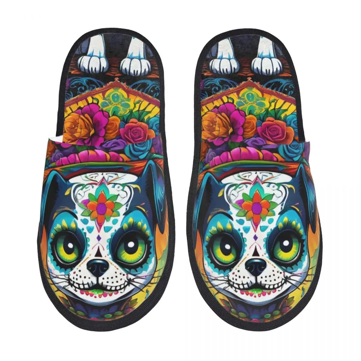Pantofole Personalizzate da Donna con Motivo Floreale Messicano e Teschio, Comode e Calde, in Memory Foam, per Interni ed Esterni