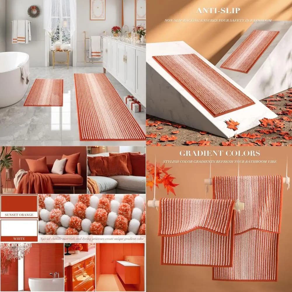 Set tappetino da bagno in ciniglia spessa e assorbente, tappetini pelosi antiscivolo per bagno, lavabile in lavatrice (arancione tramonto, 24 x 70