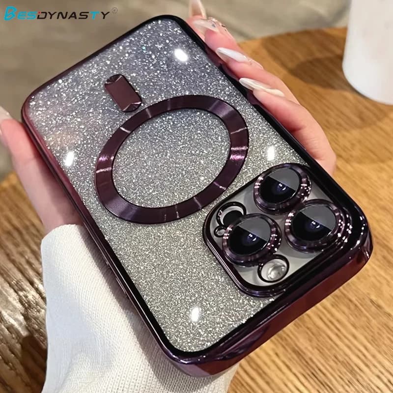 Custodia trasparente con glitter sfumati placcatura Magsafe per iPhone 17 Air 11 12 13 14 15 16 Pro Max Cover di ricarica wireless magnetica in silicone