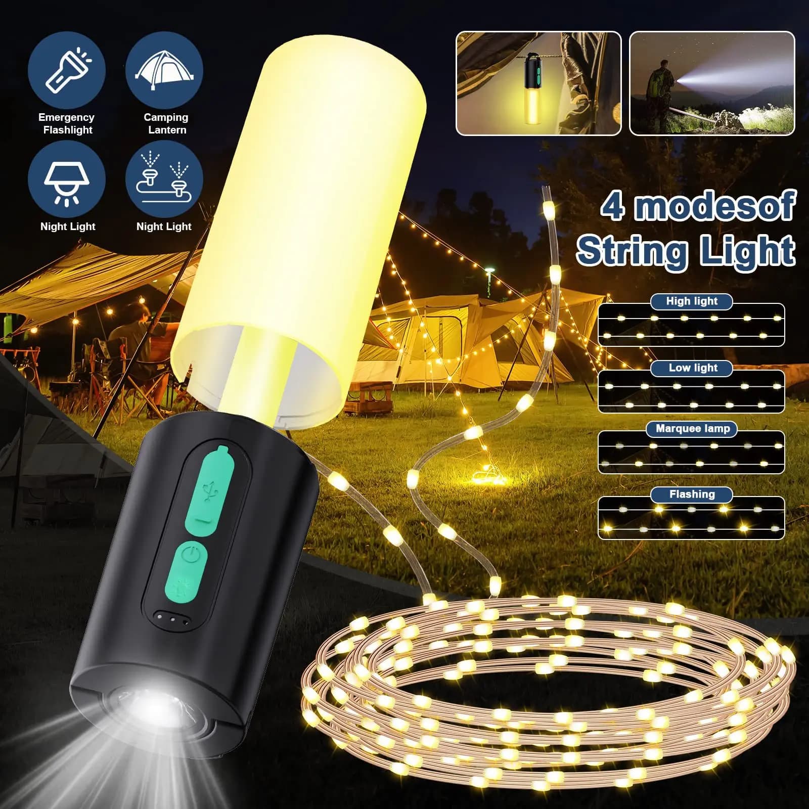 F2 100LED tende da esterno festa barbecue lampada decorazione a corda con gancio 10m campeggio stringa luce ricaricabile lanterne da campeggio portatili
