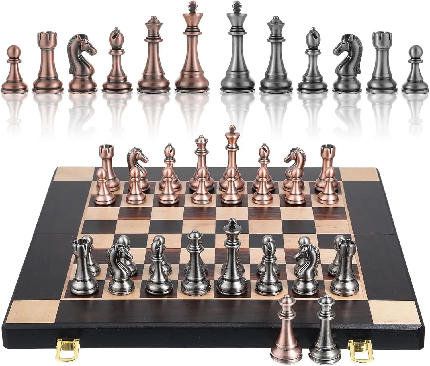 15-Inch Large Metal Chess Set for Adults & Kids, Foldable Wooden Board with Storage, Portable Travel Game, Elegant Gift