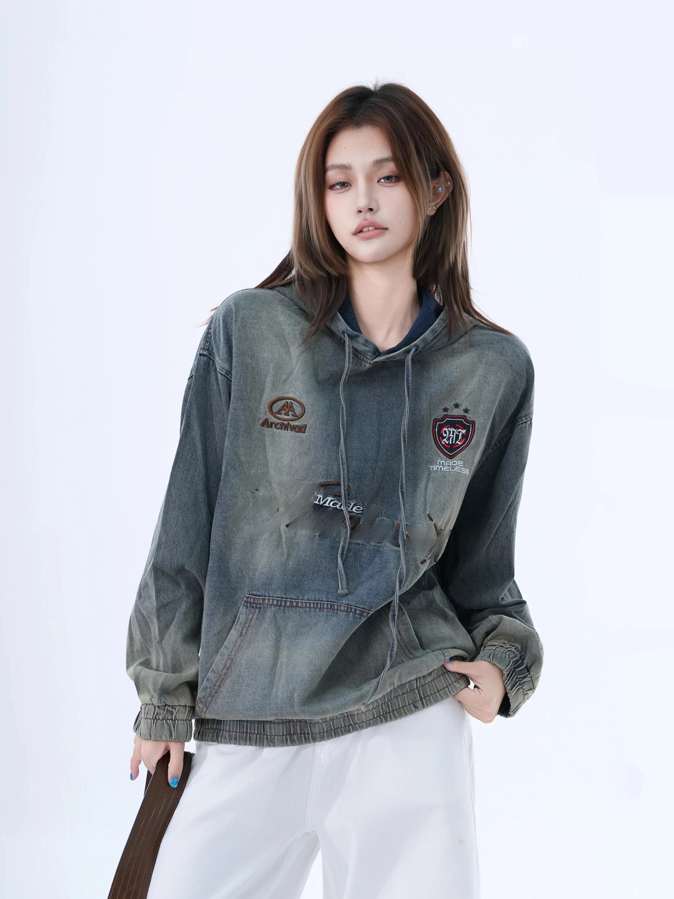 Retro American Embroidery Washed Denim Hoodie Women's Loose Versatile Small Ball Ball Top Warm Cotton Long Sleeve Coat