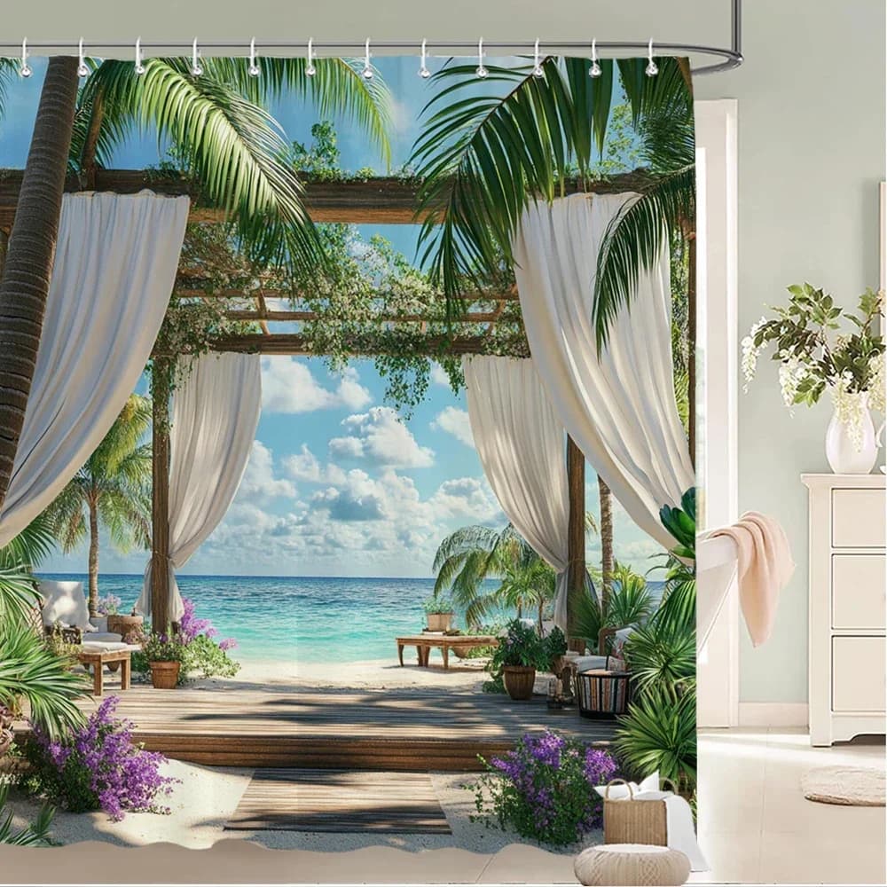 ~ O ~ Tenda da bagno con tenda da doccia in tessuto stampato in stile paesaggio spiaggia e mare con fiori da giardino, tenda per la decorazione della casa con ho