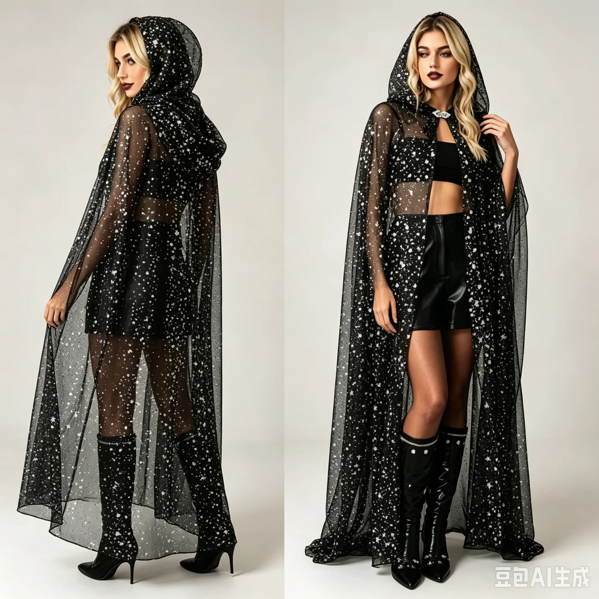 Long Sequin Tulle Cape With Metal Buckle Sun‑Protection Outerwear Halloween Holiday Party Stage Cosplay Costume Outfit