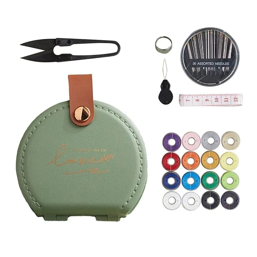 Set da Cucito Portatile Mini in Pelle PU, Scatola Salvaspazio per Aghi e Fili, Contenitore Compatto con Manico, Kit di Strumenti Manuali per Cucito