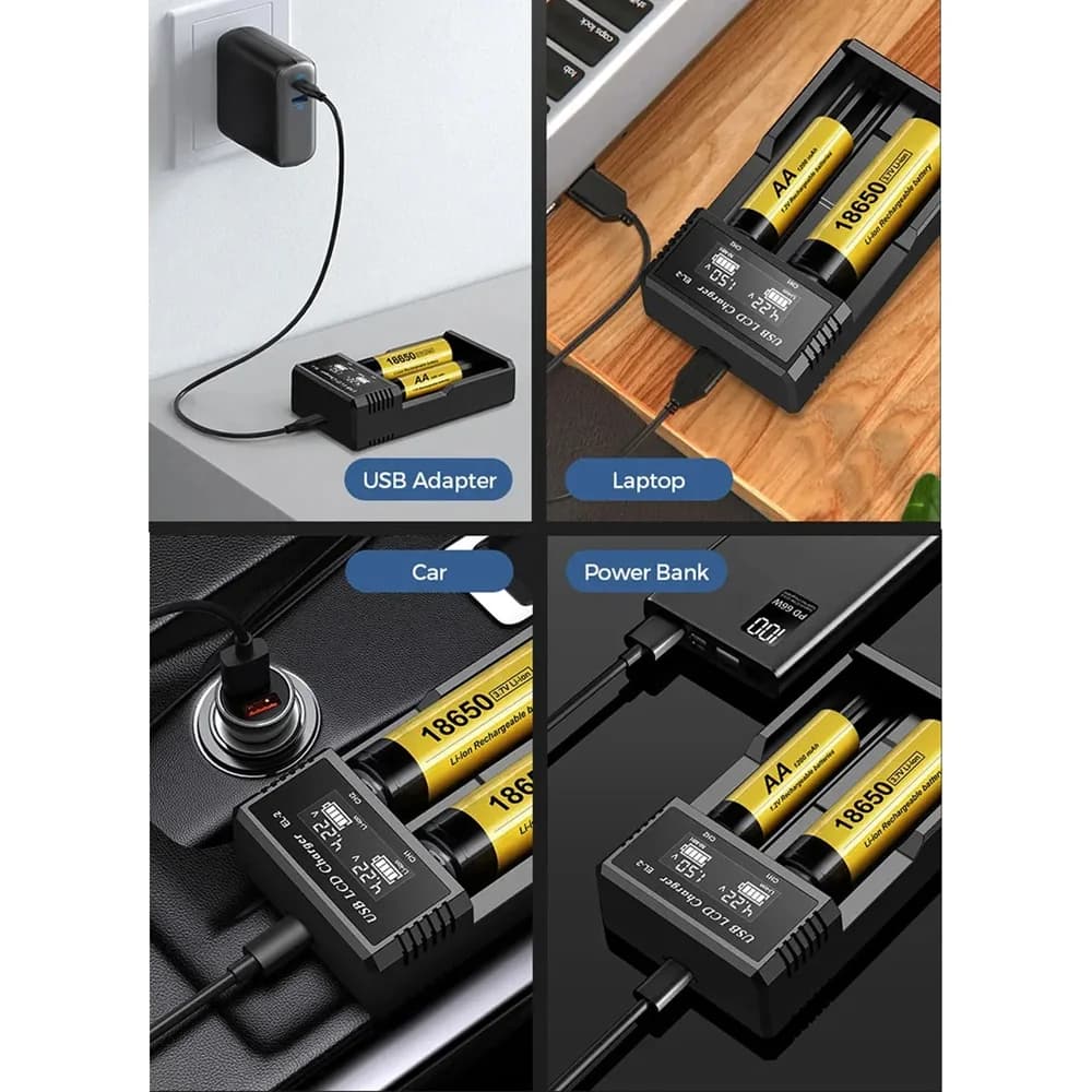 Caricabatterie intelligente USB LCD a 1/2 slot per batterie al litio ricaricabili 18650 da 3,7 V e per batterie NI-MH AA/AAA da 1,2 V