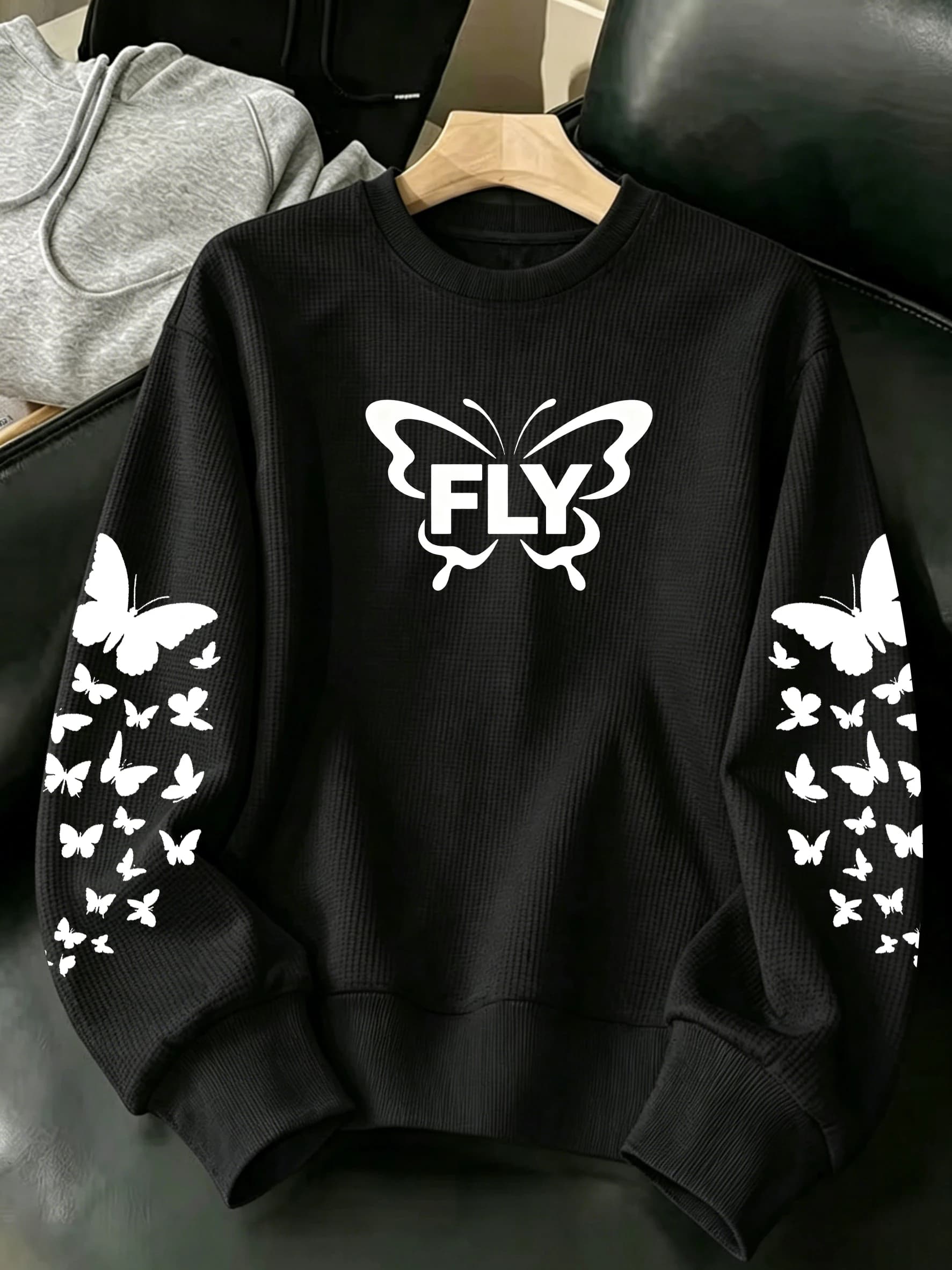 Women Black Waffle Crewneck Sweatshirt Double Sided Butterfly Heart Graphic Oversized Casual Tops