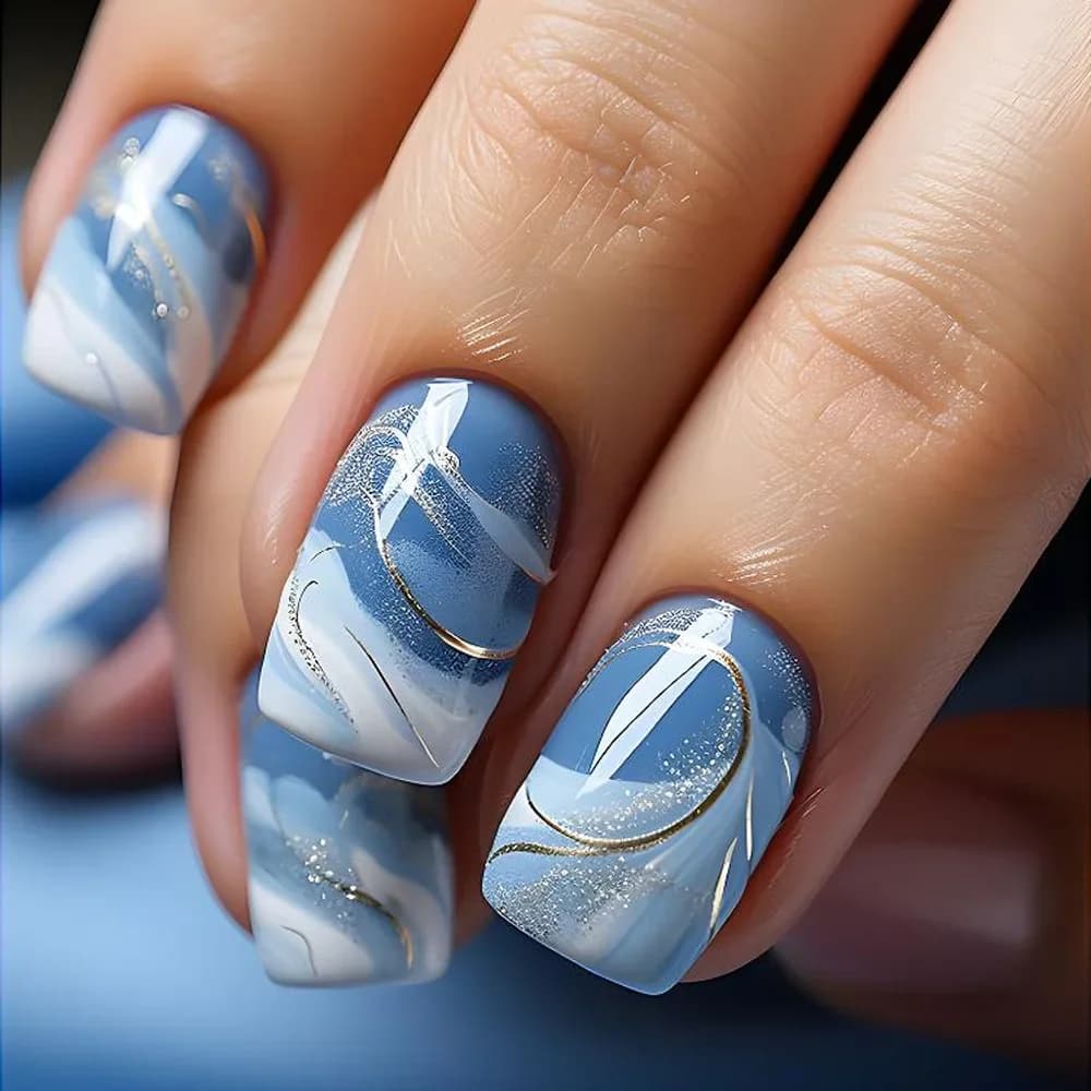 24Pc Blu Oceano Unghie Finte Breve Testa Quadrata Balletto Unghie Finte Ballerina Francese Presse sulle Unghie Copertura Completa Acrilico Nail Art Tips